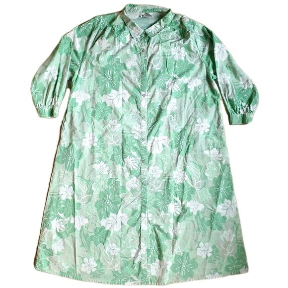 VTG Long Sleeve Cotton Shirt Dress Plus Sz 3X Green Floral Pearl Snap Pockets - Picture 3 of 12